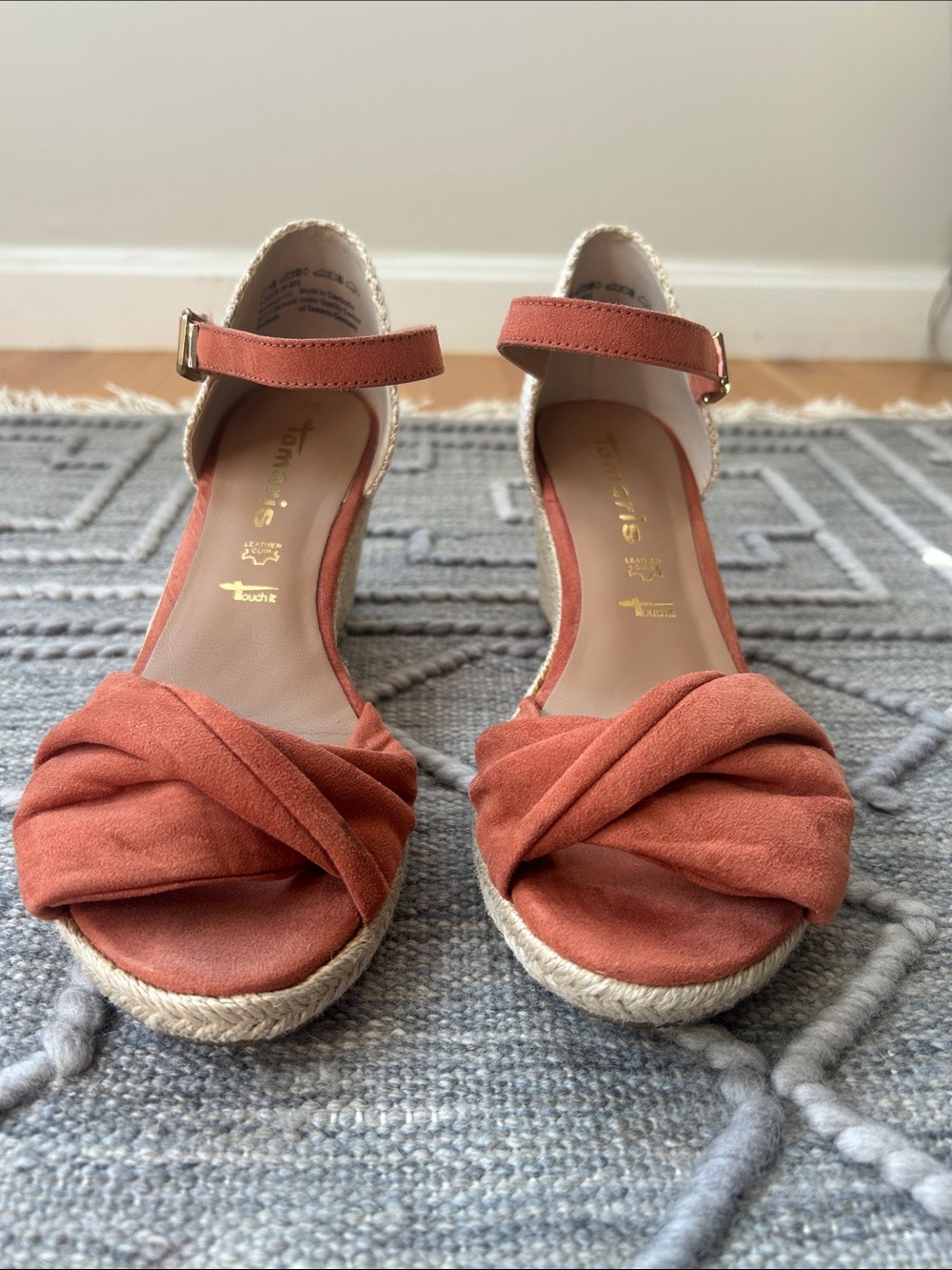 Tamaris Livian Wedge Sandals, Real Brick-Orange Suede & Jute Platform-Size 38